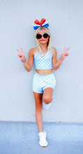 Load image into Gallery viewer, Blue and White Checkered Girls Halter and Short Set