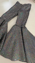 Load image into Gallery viewer, Silver Black Hologram Sparkle Bell Bottom Flare Pants