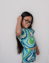 Load image into Gallery viewer, Blue Ocean Swirl Girls Crop Tee and Short Set