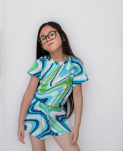 Load image into Gallery viewer, Blue Ocean Swirl Girls Crop Tee and Short Set