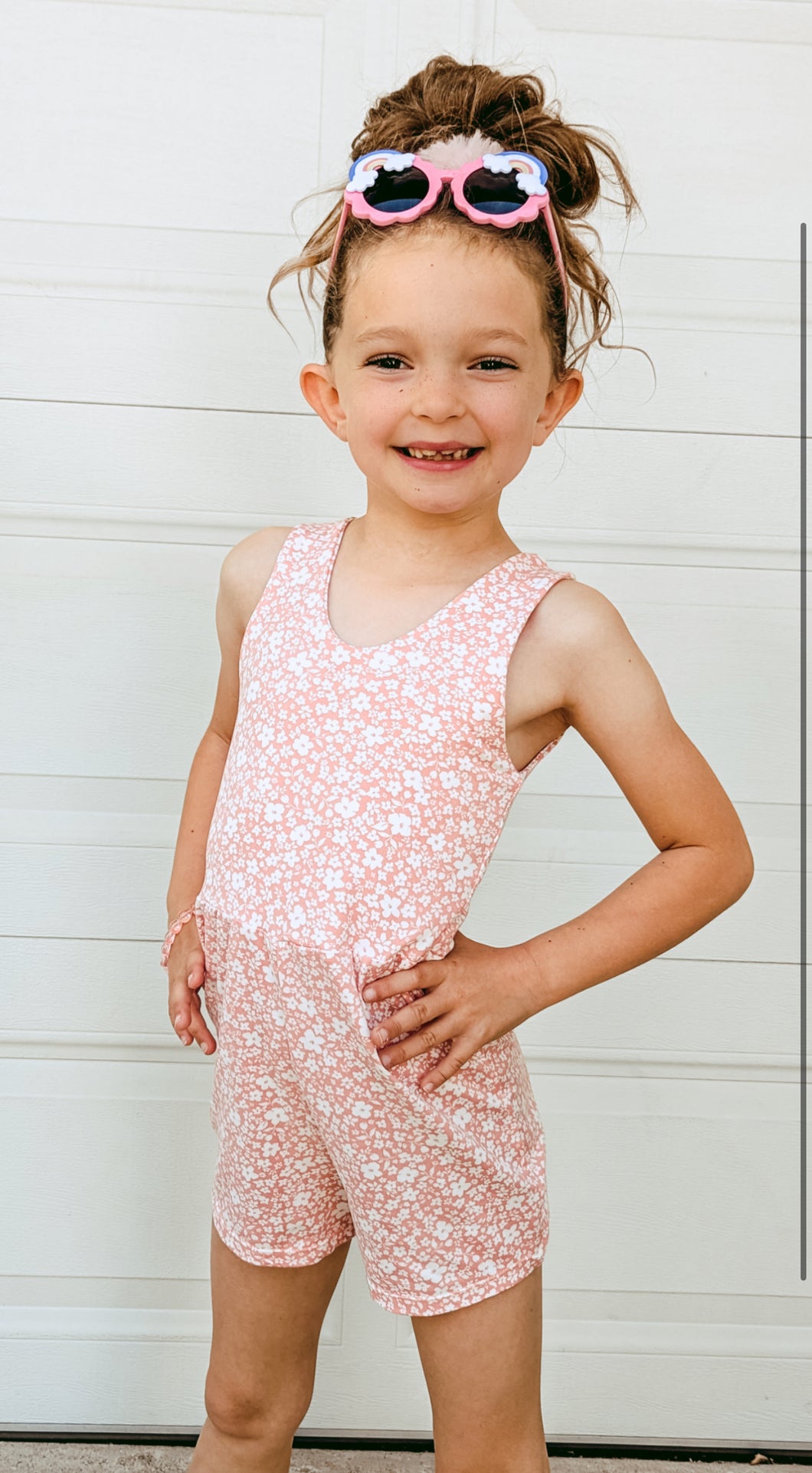 Girls Pastel Peach Floral Tank Romper