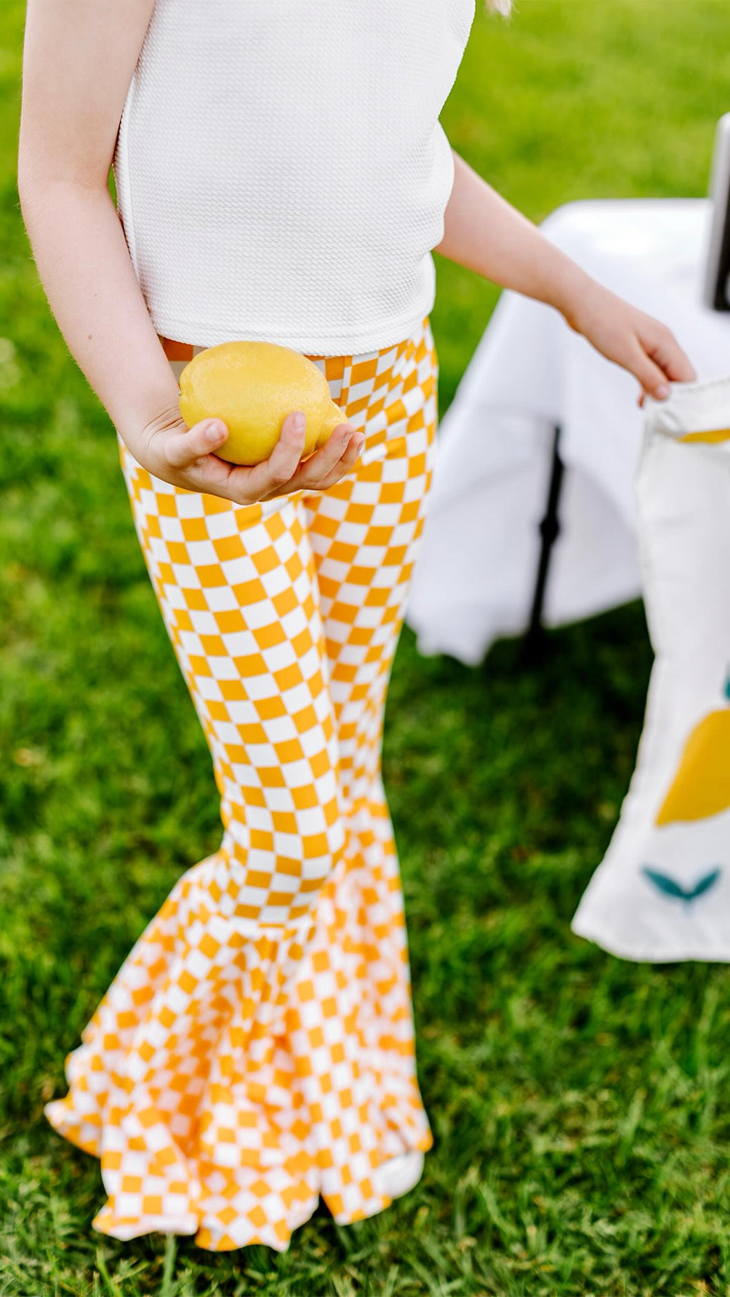 Yellow Mustard Checkered Print Bell Bottom Pants