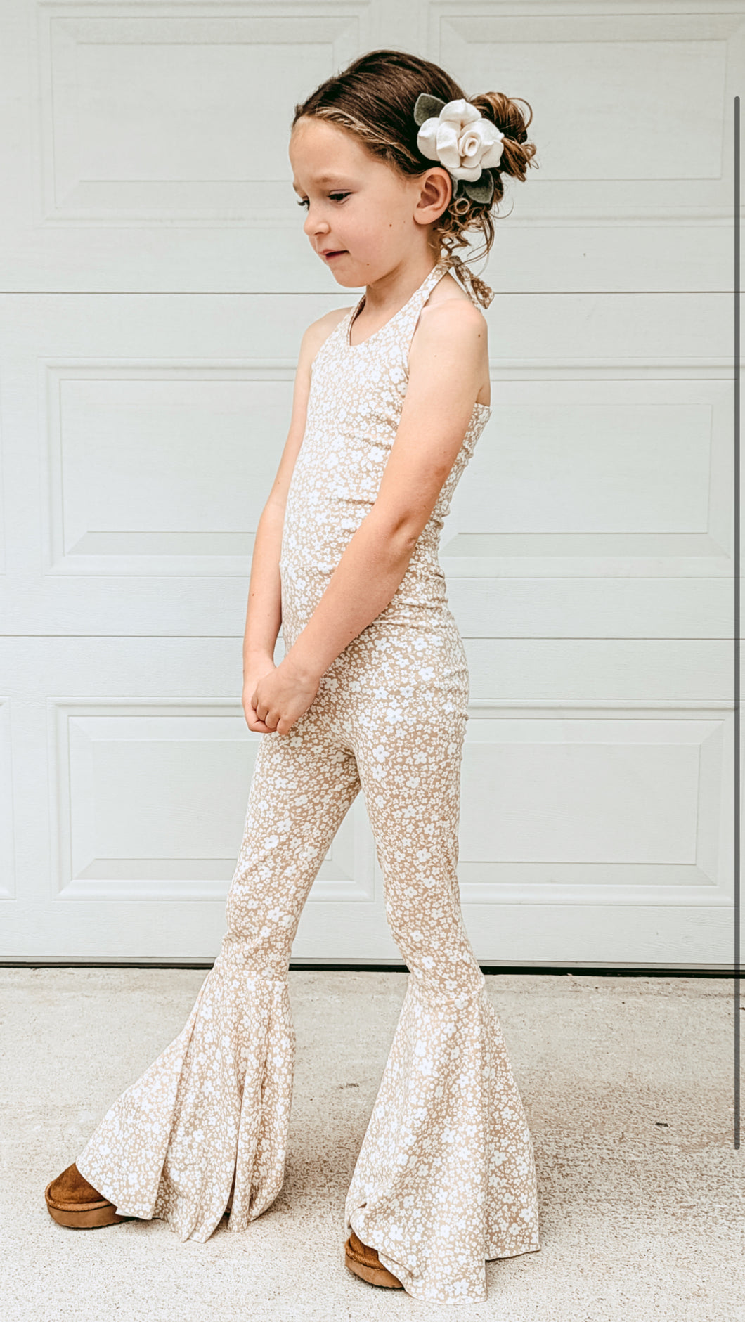 Khaki Pastel Floral Bell Bottom Jumpsuit