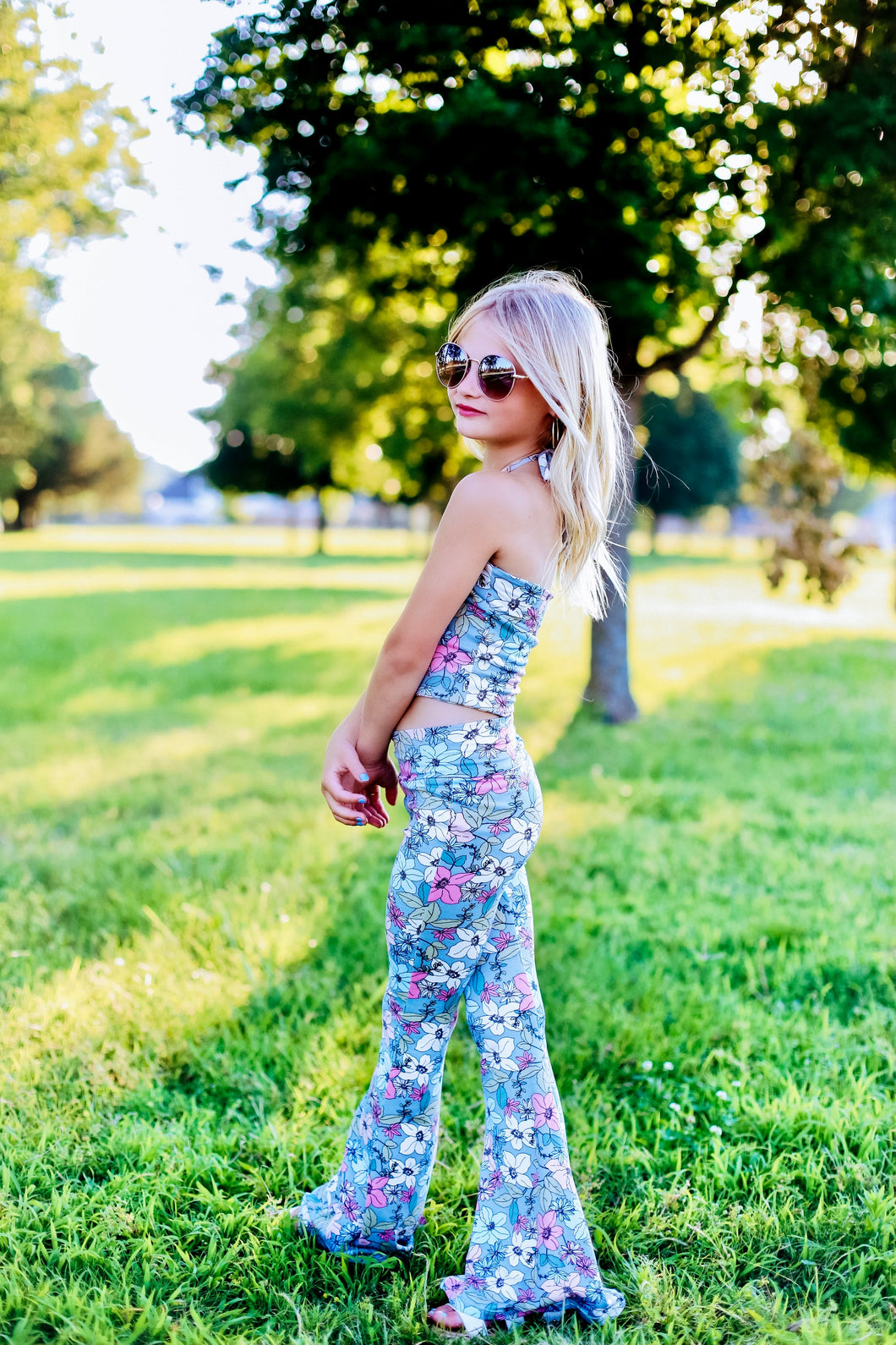 Fuschia Gray Floral Halter and Bell Bottom Set