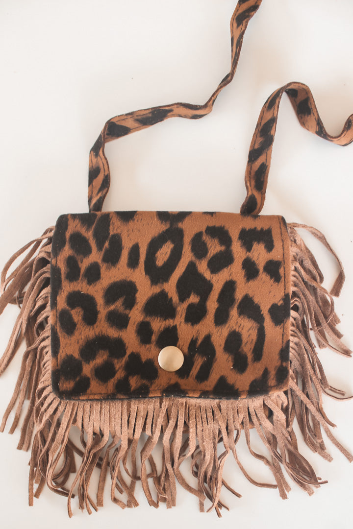 Boho Mini Fringe Shoulder Bag in Brown Leopard