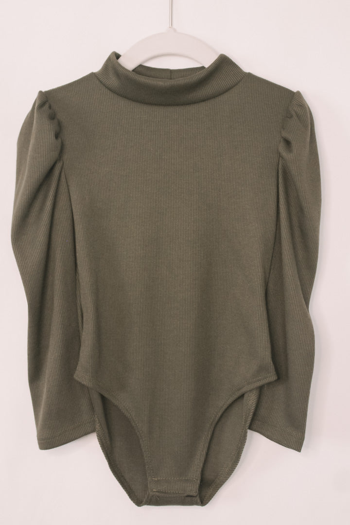 Jade Puff Sleeve Ribbed Bodysuit in Olive