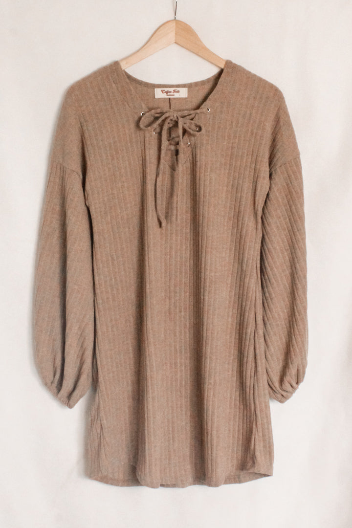 Lace Up Sweater Knit Dress in Mocha