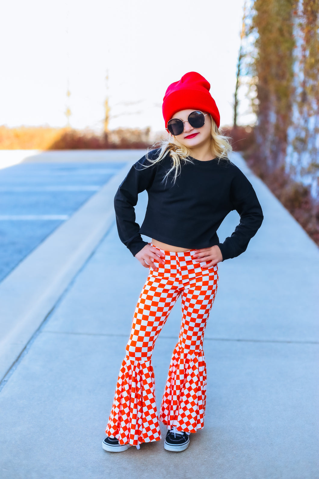 Orange Checkered Print Bell Bottom Pants