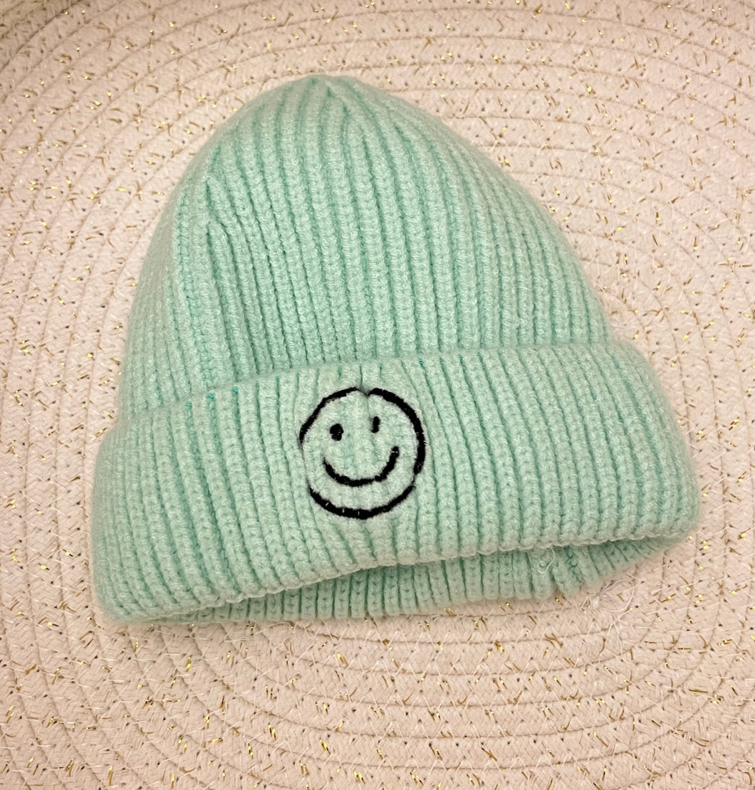 Smiley Face Ribbed Beanie in Mint