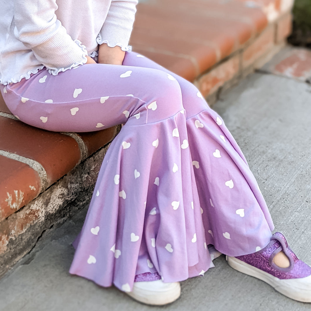 Lavender Bell Bottoms with White Hearts Print