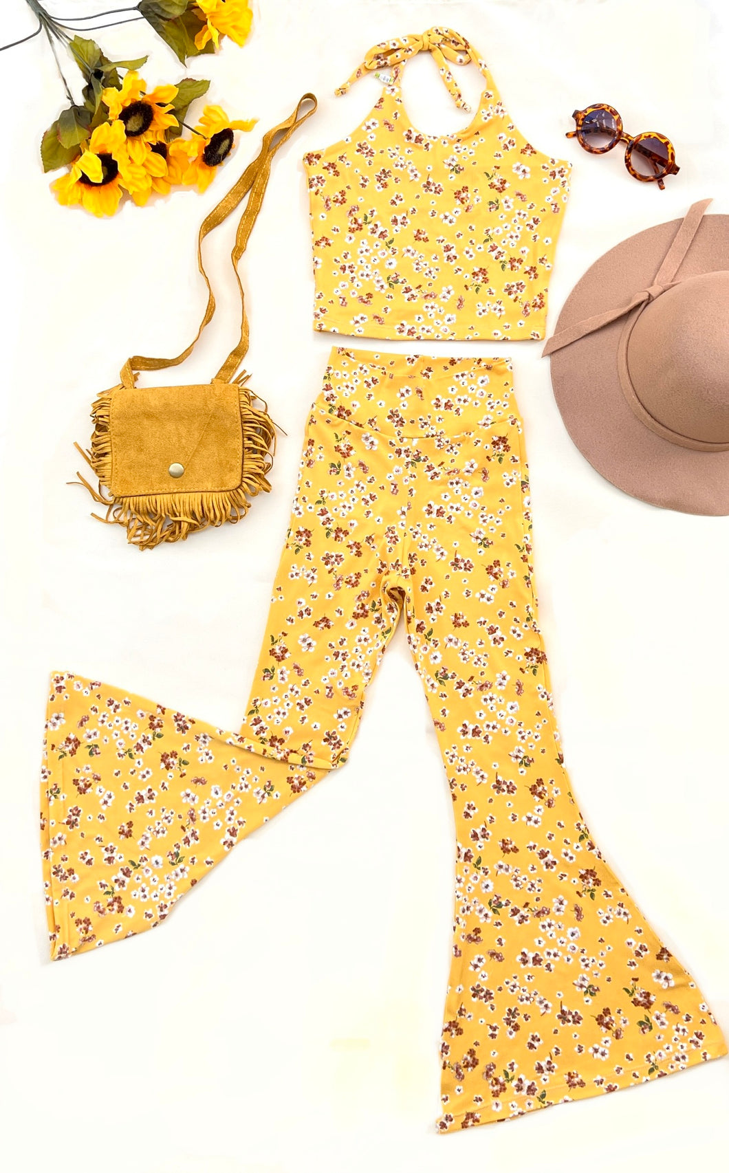 Golden Sunset Floral Halter and Bell Bottom Set