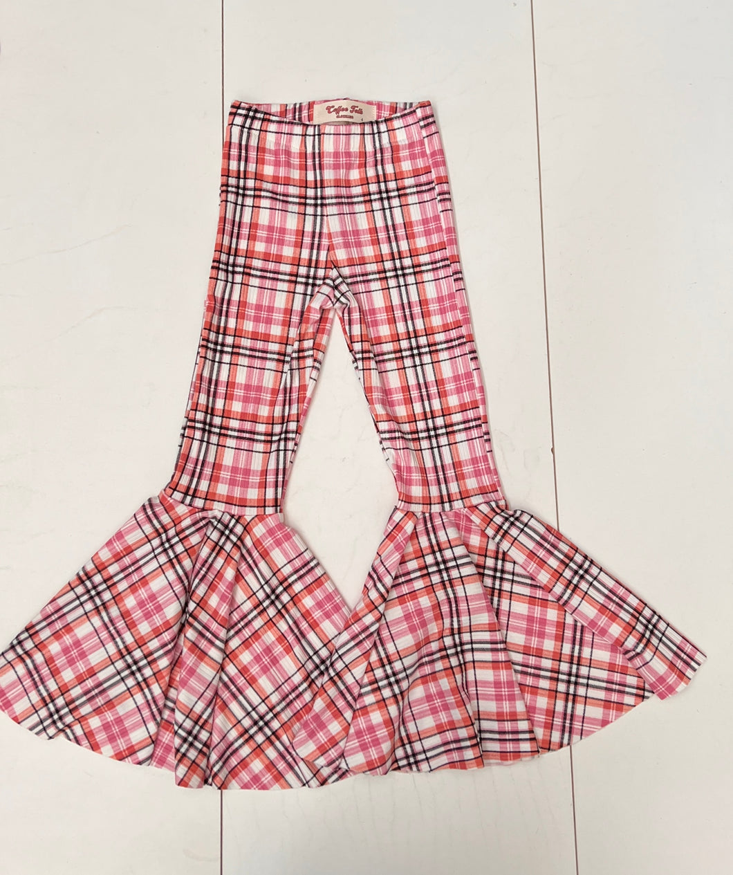 Girls Bell Bottoms in Pink Melon Plaid Print