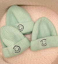 Load image into Gallery viewer, Smiley Face Ribbed Beanie in Mint
