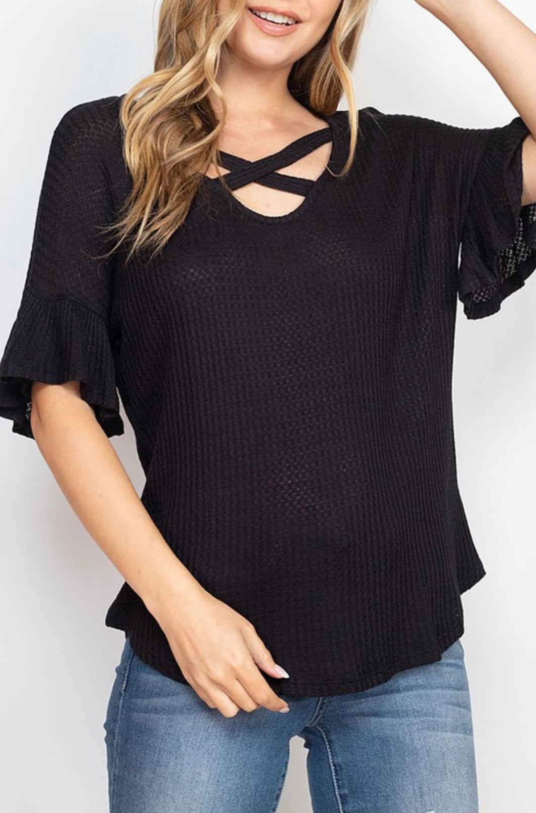 Cross My Heart Top in Black Waffle