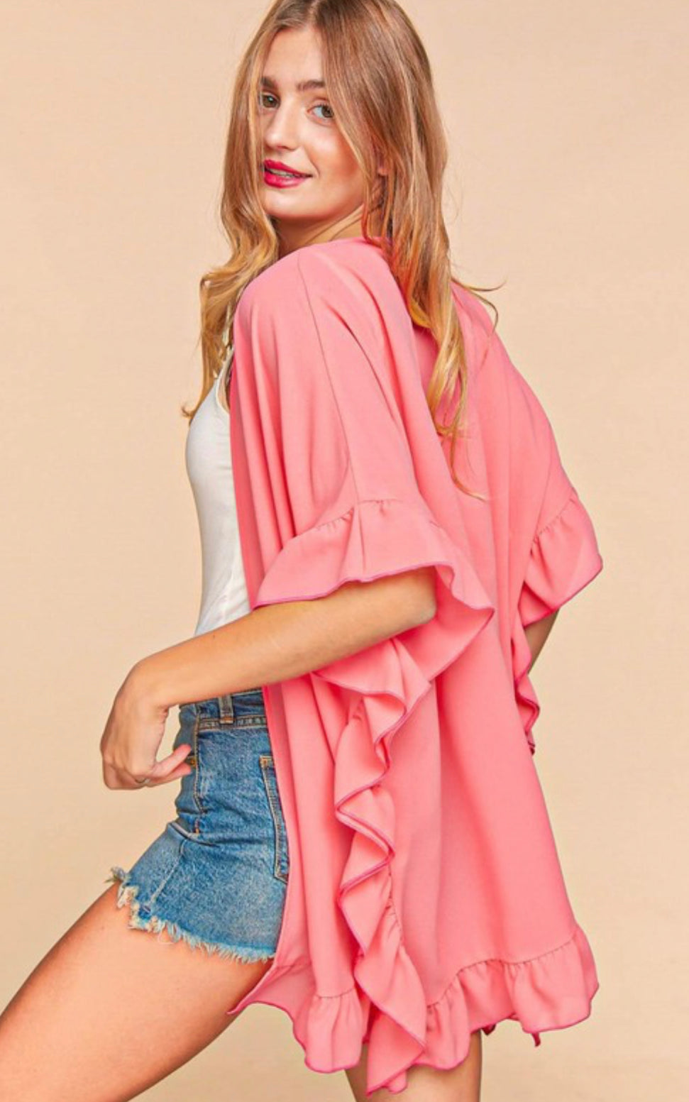 Falling For You Open Front Ruffle Trim Kimono Cardigan